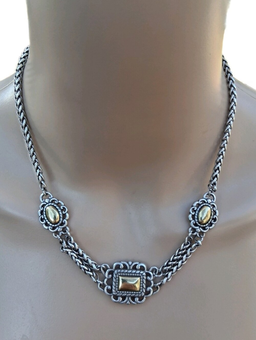 RETIRED Brighton Toledo Two-Tone Silver & Gold Mixed Link Station Necklace